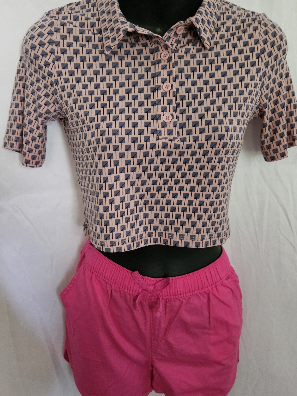 Olivaceous Pink and Navy Geometric Crop Polo Top